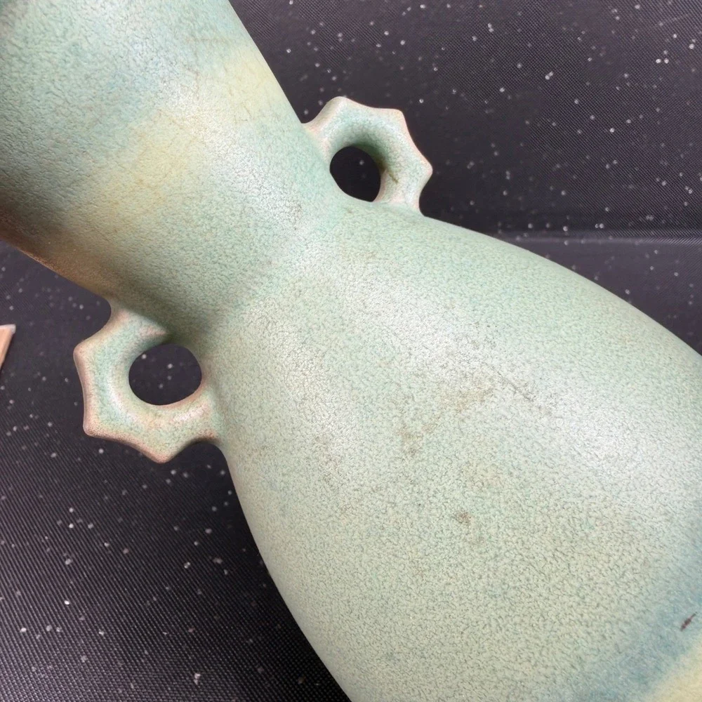 Vintage Matte Green Art Pottery Double Handle Amphora Vase 9 Inch Sage Seafoam